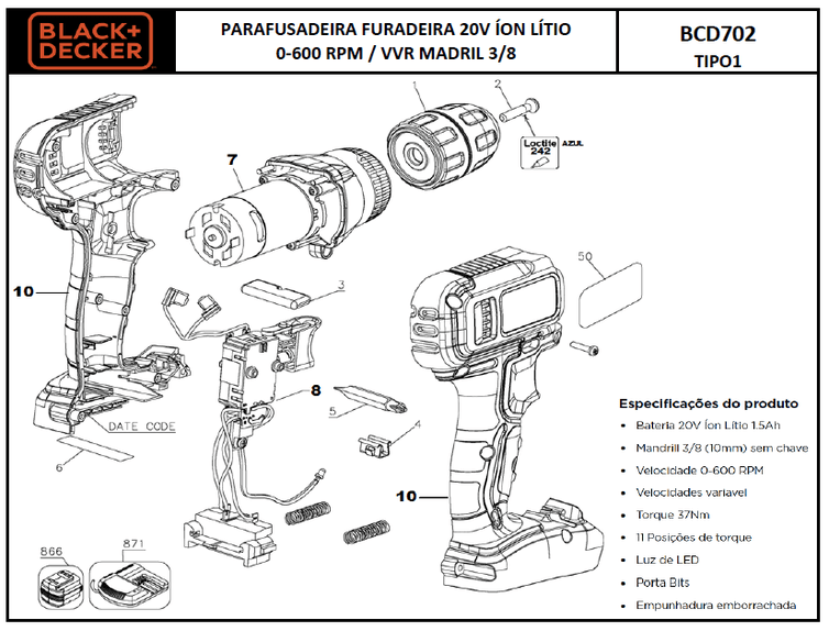 Parafusadeira e Furadeira 3/8” 20V BCD702 Tipo1 Black&Decker