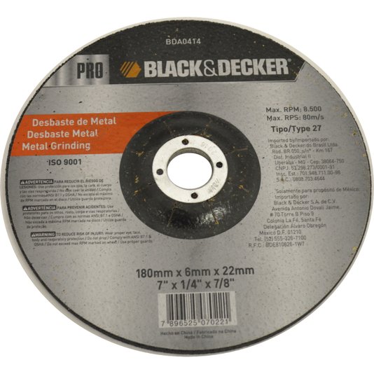 Disco Abrasivo De Desbaste Metal 7"X1/4"X7/8" Black & Decker - Bda0414 - Black&Decker