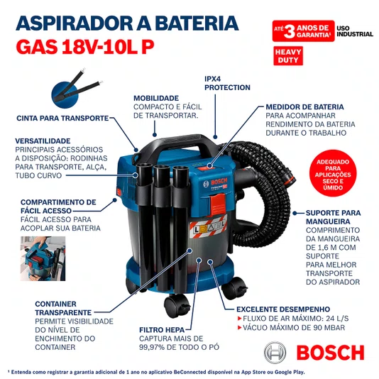 Aspirador De Pó 18V Pro Gas 18V-10 L + Acessórios Bosch - 06019C6302
