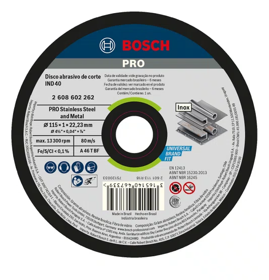 Bosch Disco Abrasivo De Corte (4-1/2")115X1,2X22,23Mm Grão 46 Para Metal - 2608602262