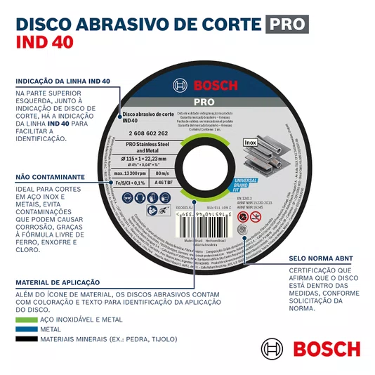 Bosch Disco Abrasivo De Corte (4-1/2")115X1,2X22,23Mm Grão 46 Para Metal - 2608602262