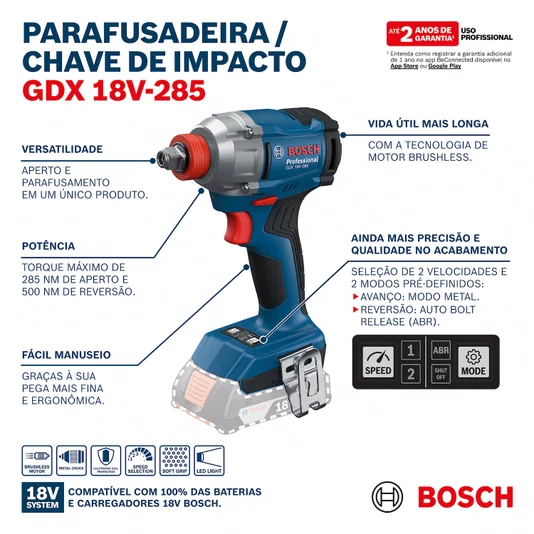 Bosch Kit Chave De Impacto Gdx 18V-285 + 2 Baterias 2Ah + Carregador Bivolt E Maleta - 06019N21E6