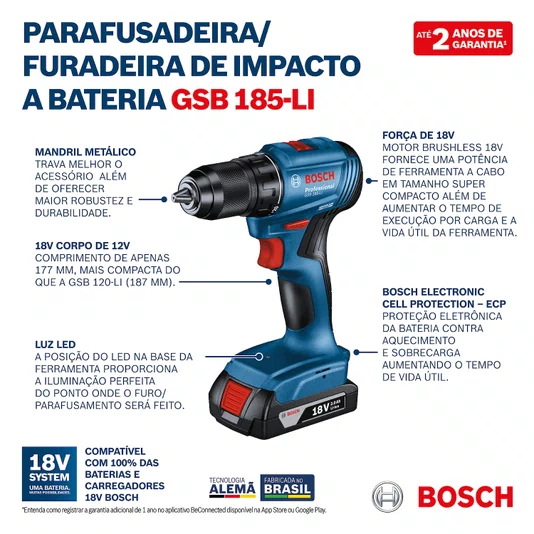 Combo Furadeira Gsb185-Li + Chave Impacto Gdr18V-200 - Bosch