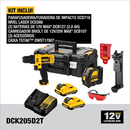 Kit Dewalt Parafusadeira/Furadeira De Impacto 3/8" 12V + Nível A Laser 30M 12V + 2 Baterias 2Ah + Carregador Bivolt E Caixa T-Stak - Dck205D2T-Br - Dewalt