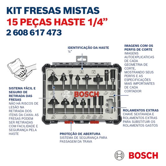 Conjunto De Fresas 15 Pcs Mistas Haste De 1/4" - 2607017473 - Bosch