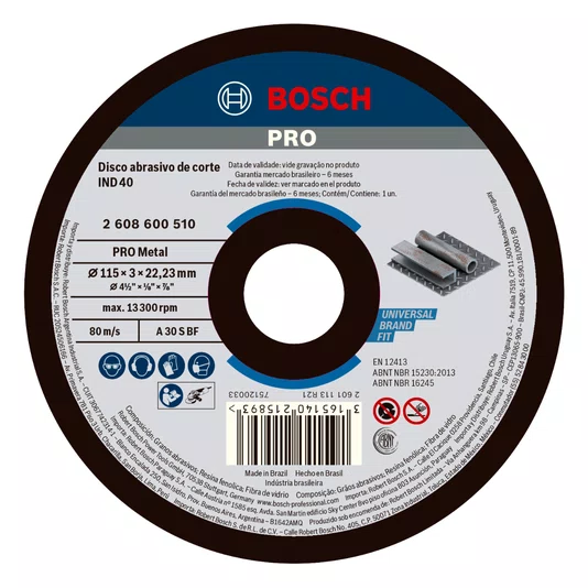 Bosch Disco Abrasivo De Corte (4-1/2")115X3X22,23Mm Grão 30 Para Metal - 2608600510