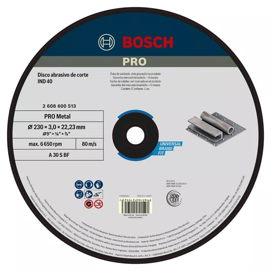 Disco Abrasivo De Corte Reto (9")  230X3Mm Para Metal Ind 40 Bosch - 2608600513