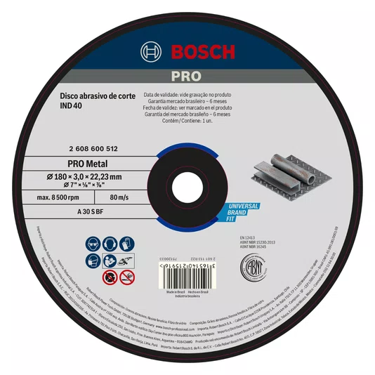 Bosch Disco De Abrasivo De Corte (7") 180X3X22,23Mm Grão 30 Para Metal - 2608600512
