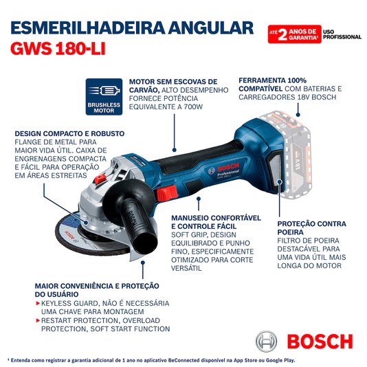 Esmerilhadeira À Bateria Bosch Gws 180-Li Brushless 18V 2 Baterias