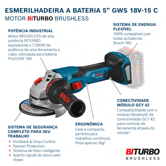 Esmerilhadeira Gws 18V-15 C Sb Bosch - 06019H60E0