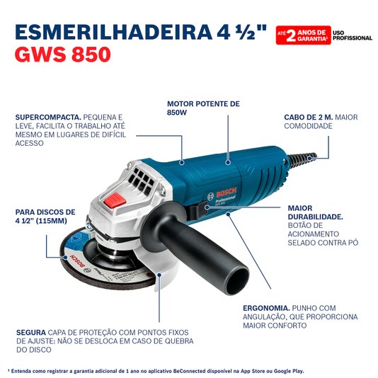 Esmerilhadeira 115Mm(4-1/2") 220V Gws 850 M14 Bosch - 06013775E0