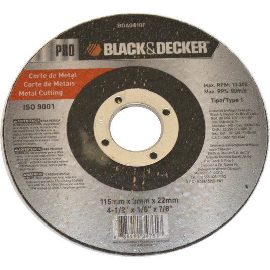 Disco Abrasivo Corte De Metal 4 1/2 X 1/8 X 7/8 Black & Decker - Bda0410F - Black&Decker