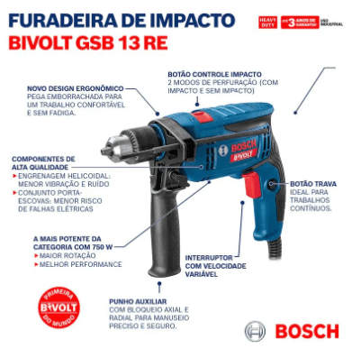 Furadeira Impacto Gsb 13 Re Bivolt 750W 06012B80Z0 - Bosch