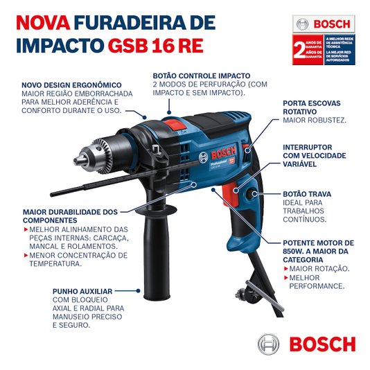 Furadeira Impacto Gsb16Re 850W 220V 06012B90E0 - Bosch