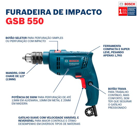 Furadeira Impacto Gsb 550  220V - 06011B60E1 - Bosch