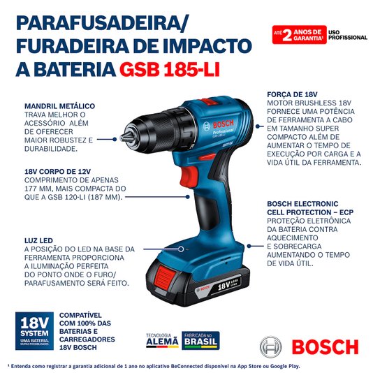 Furadeira/Parafusadeira 18V Bosch Gsr185Li-2B Sem Fio, 2 Baterias 06019K30E1