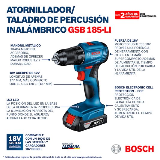 Furadeira/Parafusadeira 18V Bosch Gsr185Li-2B Sem Fio, 2 Baterias 06019K30E1