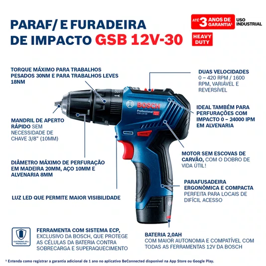 Furadeira/Parafusadeira  Bateria Gsb 12V30 - 06019G91E0 - Bosch