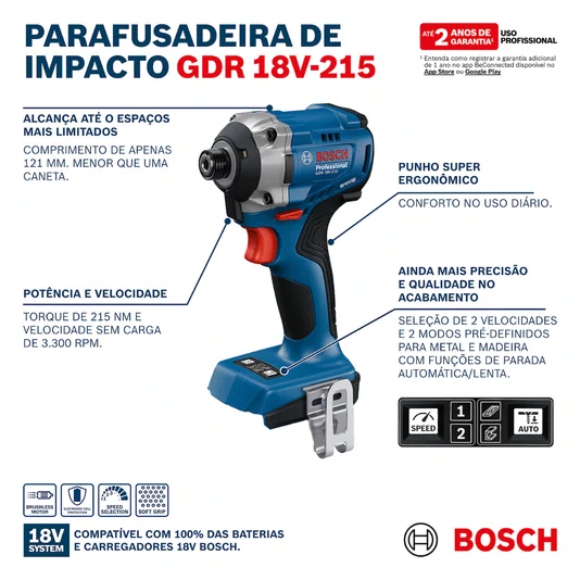 Kit Bosch Chave de Impacto GDR 18V-215 + 2 Baterias 4Ah e Carregador Bivolt