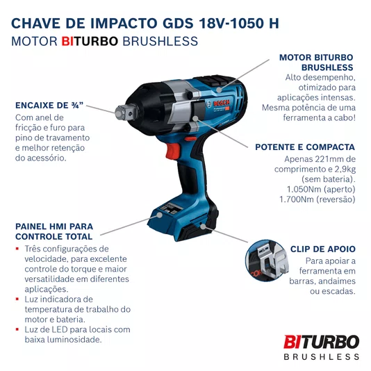 Kit Bosch Chave de Impacto GDS 18V-1050 H + 2 Baterias 4Ah e Carregador Bivolt
