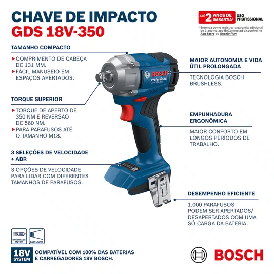 Kit Bosch Chave de Impacto GDS 18V-350 + 2 Baterias 4Ah e Carregador Bivolt