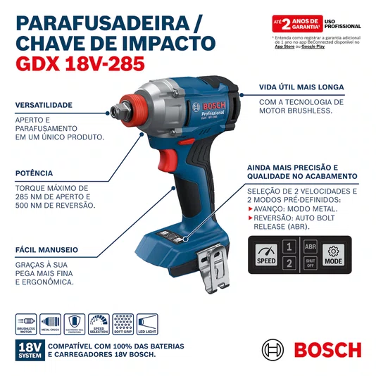 Kit Bosch Chave de Impacto GDX 18V-285 + 2 Baterias 8Ah Pro Core e Carregador 220V