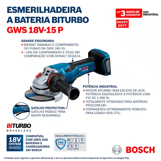Kit Bosch Esmerilhadeira 5" GWS 18V-15 P + 2 Baterias 8Ah Pro Core e Carregador 220V