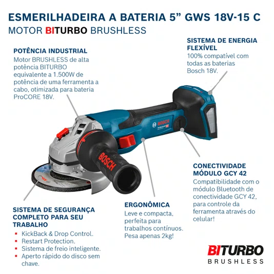 Kit Bosch Esmerilhadeira 5" GWS 18V-15C + 2 Baterias 4Ah e Carregador Bivolt