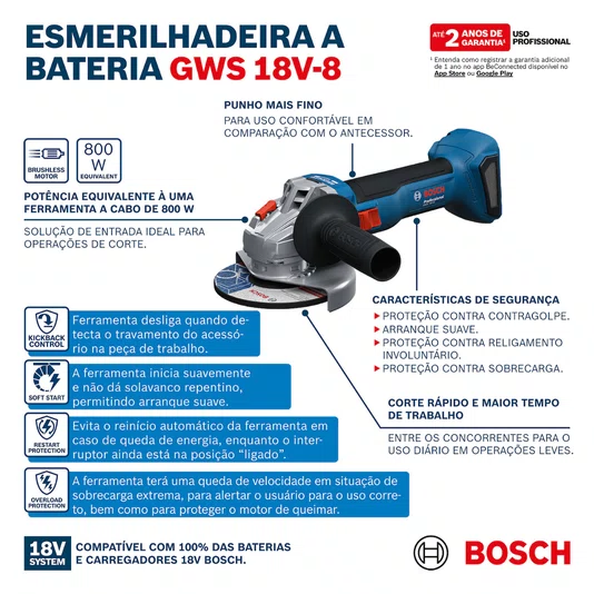 Kit Bosch Esmerilhadeira 5" GWS 18V-8 + 2 Baterias 4Ah e Carregador Bivolt