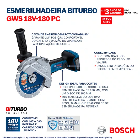 Kit Bosch Esmerilhadeira 7" GWS 18V-180PC + 2 Baterias 8Ah Pro Core e Carregador 220V