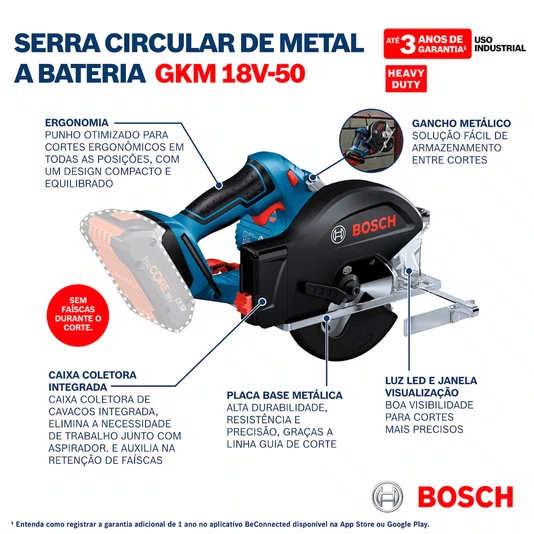 Kit Bosch Serra Circular GKM 18V-50 + Disco 136mm + 2 Baterias 4Ah e Carregador Bivolt