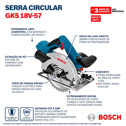Kit Bosch Serra Circular GKS 18V-57 + 2 Baterias 2Ah e Carregador Bivolt