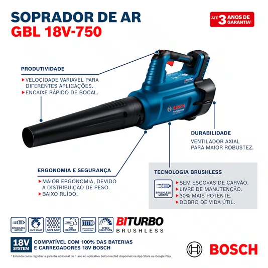 Kit Bosch Soprador GBL 18V-750 + 2 Baterias 4Ah e Carregador Bivolt