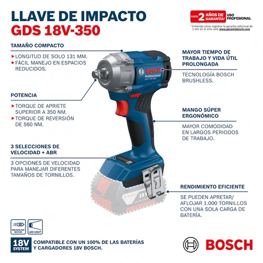 Kit Chave De Impacto 18V Gds 18V350+Mal+2B Bosch - 06019M50E1