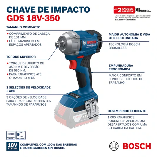 Kit Chave De Impacto 18V Gds 18V350+Mal+2B Bosch - 06019M50E1
