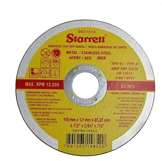 KIT COM 120 Discos Abrasivo De Corte 115X1.0X22.2Mm Starret - Dac115-14