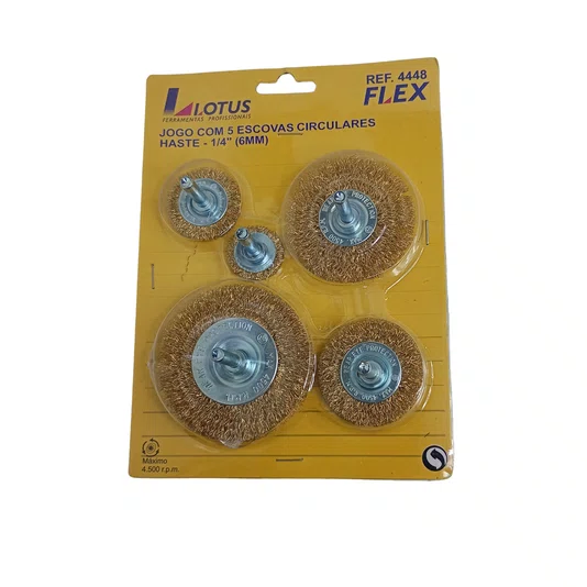 Kit Com 5 Escovas Circulares De Aço Para Limpeza Com Haste 1/4" Lotus - 4448