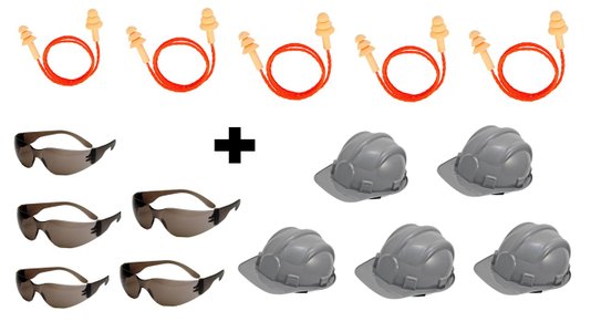 Kit Segurança 5 Protetores Auricular+5 Capacetes+5 Óculos