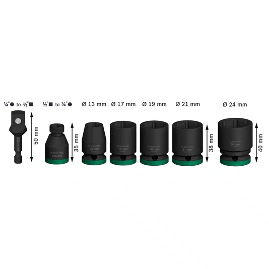 Bosch Kit De Soquetes E Adaptador 1/2" Pro Impact Standard Com 7 Peças - 2608003032