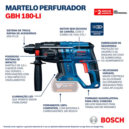 Martelete Perfurador Rompedor18V Gbh180Lisb-06119111E1-Bosch