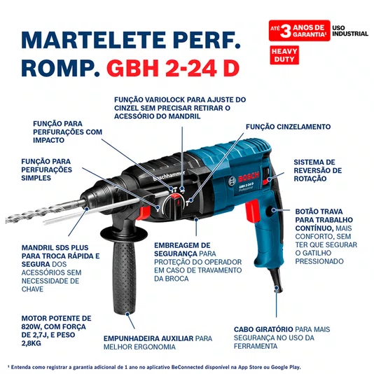 Martelete Rompedor Gbh 2-24 D 820W 220V Bosch - 06112A02E7