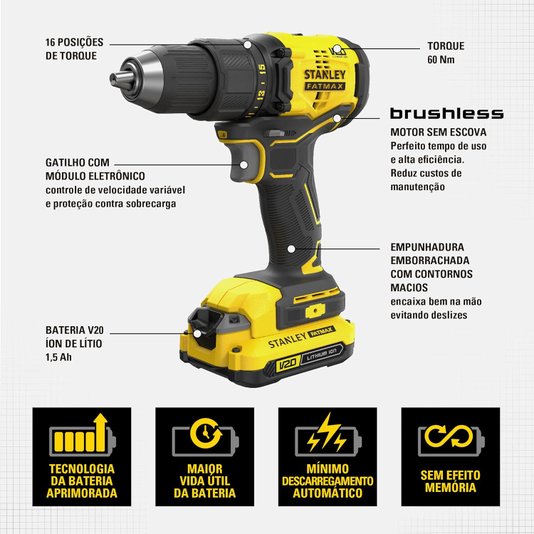 Parafusadeira/Furadeira 1/2" 20V Max Brushless + 2 Baterias 1,5Ah + Carregador E Maleta Stanley - Sbd710C2K-Br
