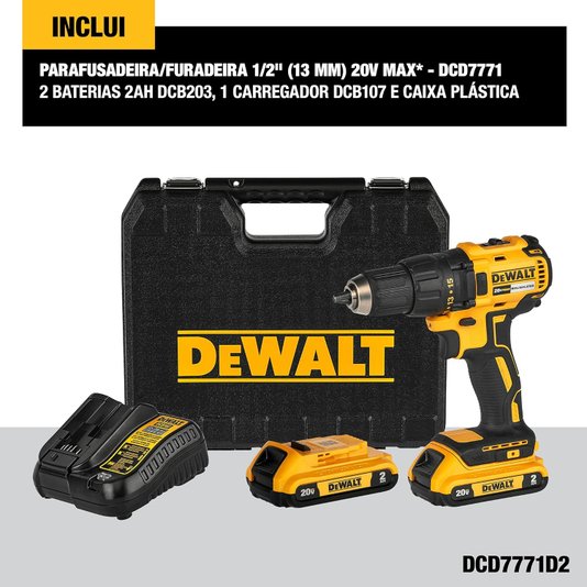 Kit Dewalt Parafusadeira/Furadeira 1/2" 20V Brushless Li-Ion + 2 Baterias 2Ah + Carregador Bivolt E Maleta - Dcd7771D2-Br