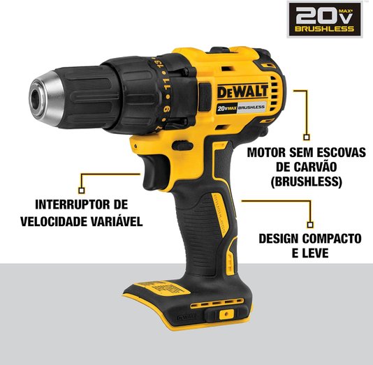 Kit Dewalt Parafusadeira/Furadeira 1/2" 20V Brushless Li-Ion + 2 Baterias 2Ah + Carregador Bivolt E Maleta - Dcd7771D2-Br