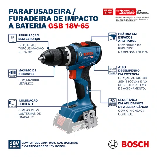 Kit Bosch Parafusadeira/Furadeira Gsb 18V-65 + 2 Baterias 2Ah + Carregador Bivolt E Maleta - 06019N31E5