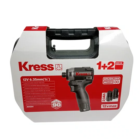 Kit Kress Parafusadeira De Impacto 1/4" 12V Brushless + 2 Baterias 2Ah + Carregador Bivolt E Maleta -  Kh204