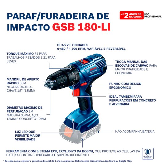 Parafusadeira Furadeira De Impacto 06019F83E3  Gsb 180-Li, 18V Sb - Bosch