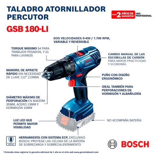 Parafusadeira Furadeira De Impacto 06019F83E3  Gsb 180-Li, 18V Sb - Bosch