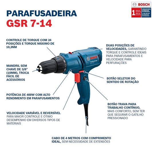 Parafusadeira/Furadeira Bosch Gsr 7-14 E 400W 220V Cabo 4M - 06014470E0