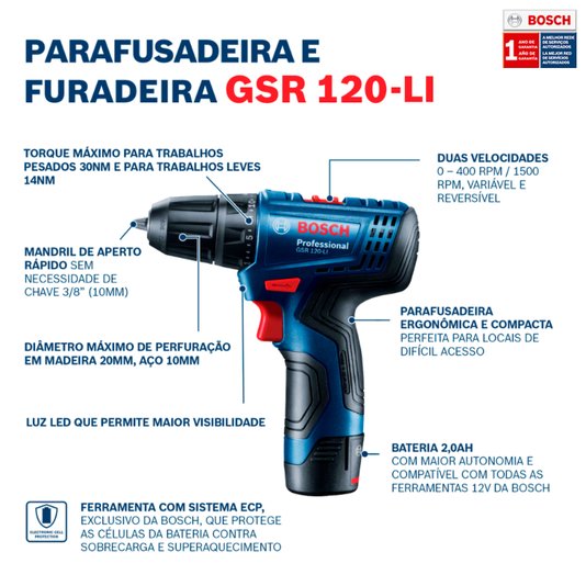 Parafusadeira Gsr 120Li + 1 Bateria Bosch 06019G80E1